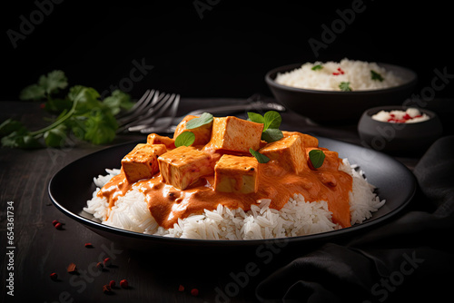 Paneer Perfection: A Delectable Plate of Paneer Tikka Masala with Fluffy Rice