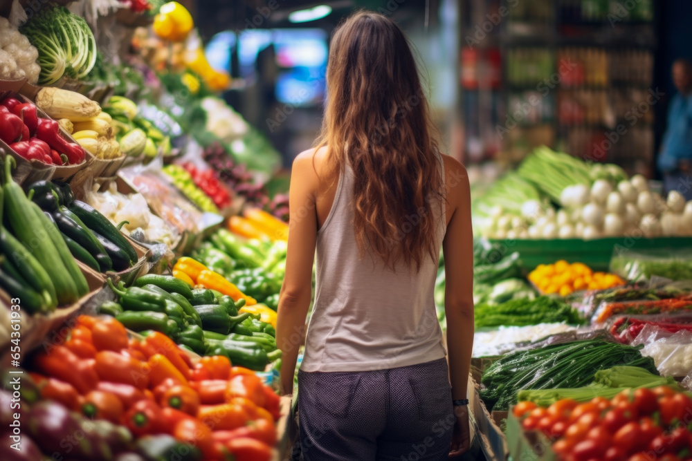 Shopping of young woman choose colorful vegetables at farmers markets outside. Lifestyle concept for holidays and travel.