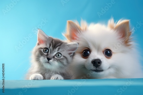 Adorable pets a kitten and a dog on a blue background Cat and puppy emerging from a hole on colorful backdrop Empty area for text