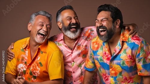 Three Mexican men friends smiling and laughing together, dressed in color, against a colorful background of yellow, blue, orange, green, and red