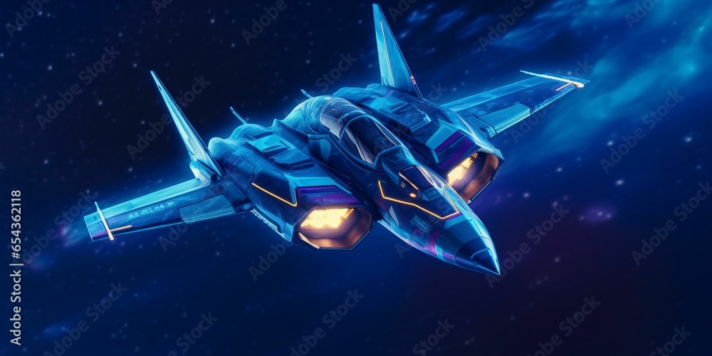 Obraz premium Fighter Jet Flying in a Blue Night Sky with Shining Stars