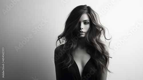 Black and white portrait of a beautiful young woman with long hair.