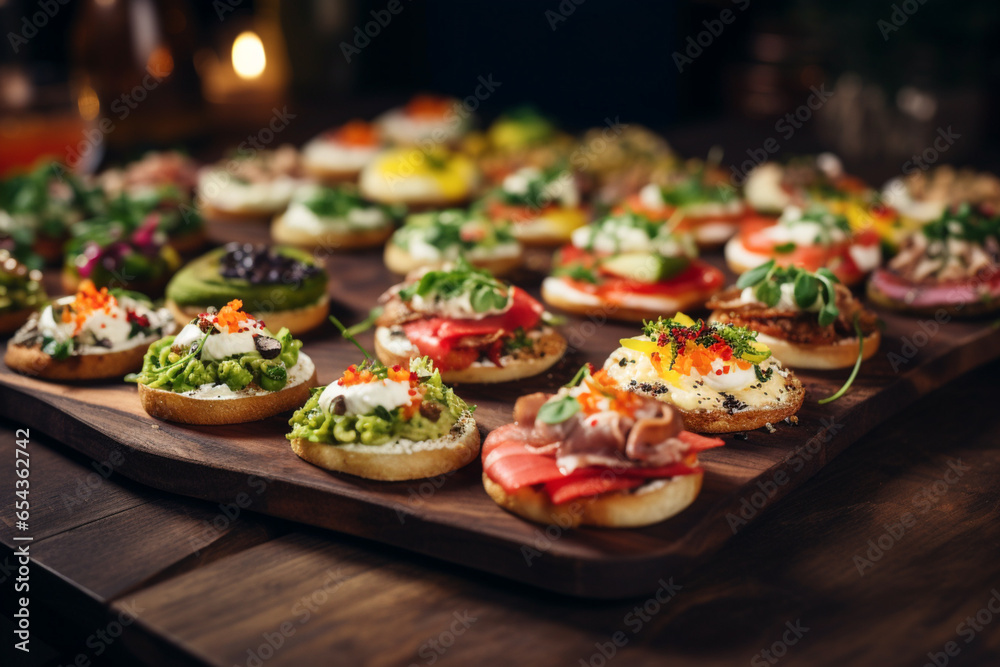 Assortment of delicious canapes on wooden board. Festive banquet service, catering food or buffet at the reception. Generative AI - obrazy, fototapety, plakaty 