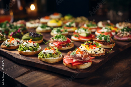 Tela Assortment of delicious canapes on wooden board