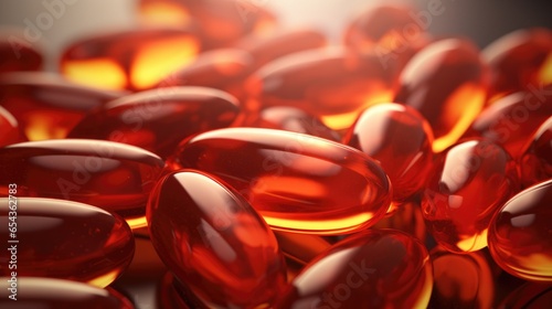 Omega 3 gelatine capsules close up on blurred background with place for text. Vitamin D supplement, fish oil. Medical and healthy lifestyle concept photo