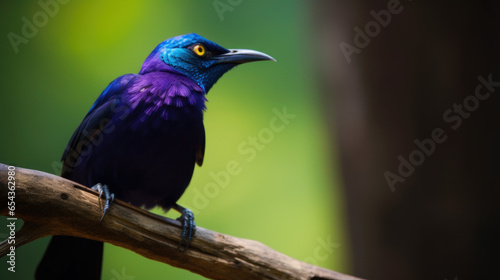 gros plan d'un oiseau violet et bleu en équilibre sur une branche, fond vert flou