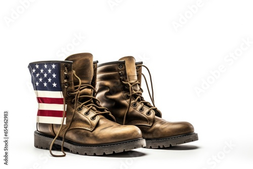 American flag and dog tags on military boots isolated on white background Memorial or Veterans day theme