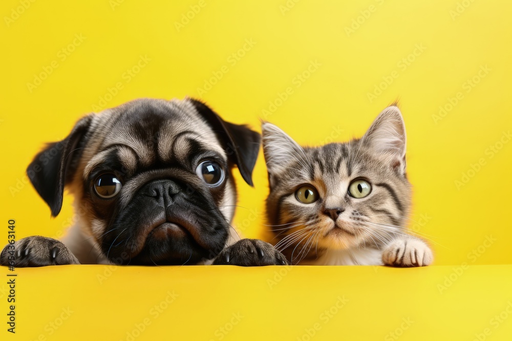 Amusing gray kitten happy dog trendy yellow background Cute fluffy cat Shih Tzu and Pug puppy emerges from hole in colored background Wide angle wallpap - obrazy, fototapety, plakaty 