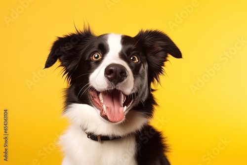 Amusing portrait of adorable border collie puppy on yellow background eagerly waiting for reward Illustrates pet care and love for animals