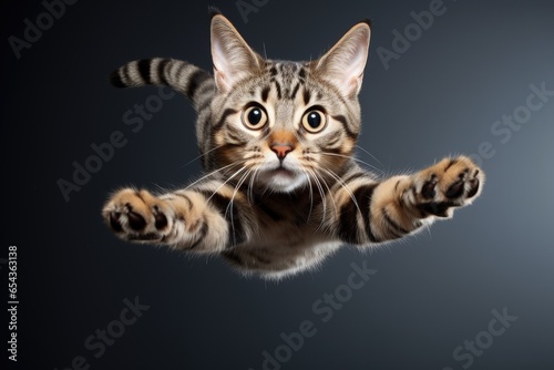 Amusing cat in mid air playfully jumping with attention to the camera against a background with room for text