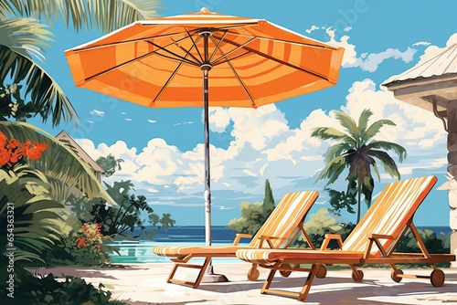 Illustration of a sunny tropical retreat with chairs, umbrella, and sunbathing. Generative AI photo