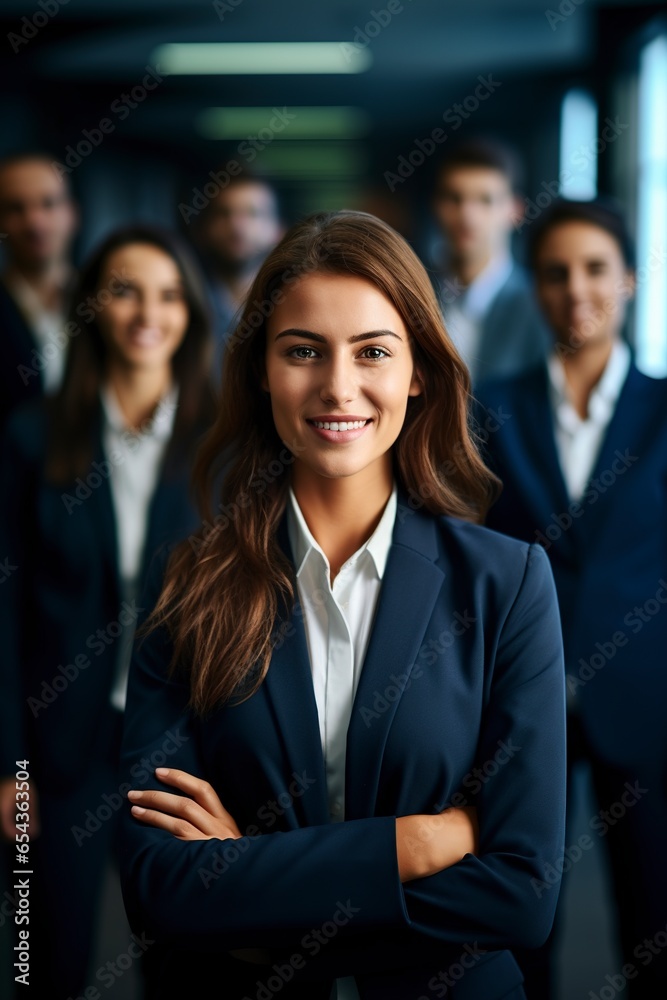 An empowered and radiant businesswoman stands proudly, with a diverse team gathered behind her, representing empowerment, diversity, within an elegant, contemporary corporate setting An empowered and radiant businesswoman stands proudly, with a diverse team gathered behind her, representing empowerment, diversity, within an elegant, contemporary corporate setting