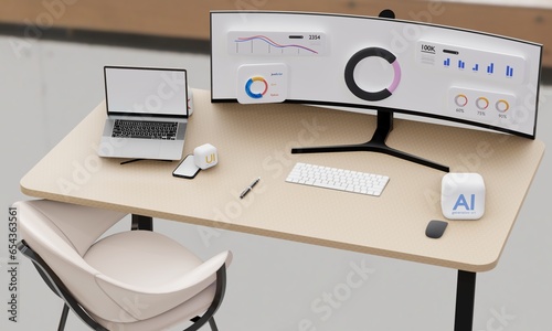 Obraz na plátne Computer Desktop Laptop with 3D Illustration, SEO Data Analysis Web AI UI UX , K