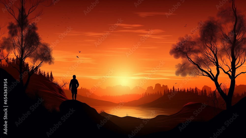 The silhouette of a man staring into the sunset. AI Generated