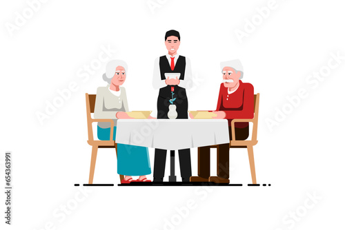 Fototapeta Naklejka Na Ścianę i Meble -  Senior couple romantic dinner meal, Senior couple orders food with waiter on table, Vector illustration.