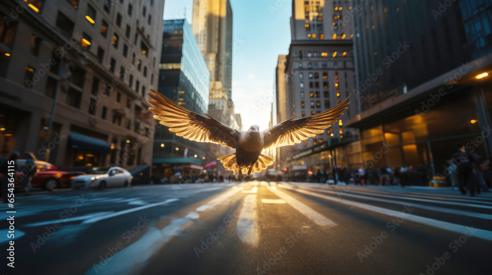 Close up shot of a flying dove in New York city - obrazy, fototapety, plakaty 
