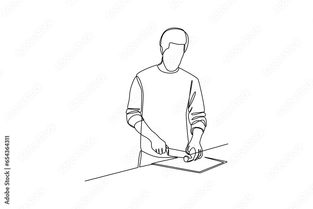 Obraz premium Man cutting cucumber for cooking. Collection of cartoon man and woman preparing food. Cooking illustration in black and white background. Cartoon character flat vector illustration.