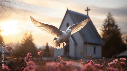 Dove flies over a rural landscape with a little church in the background