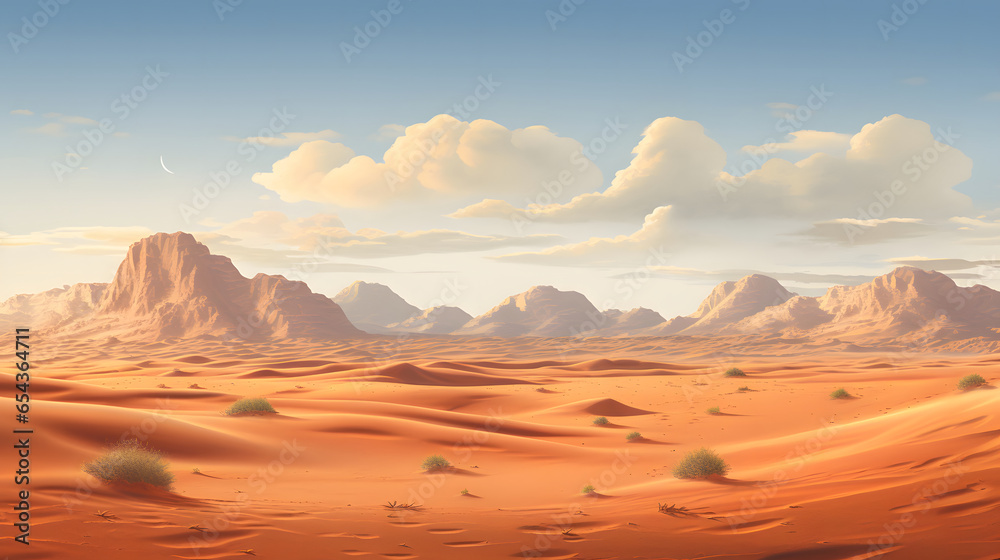 sandy desert. desert landscape dunes with blue sky. Sand mounds formed in circular shape, 