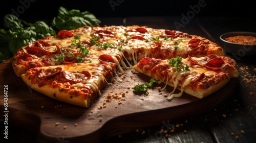 Delicious pizza with lots of cheese and very appetizing. Generative AI