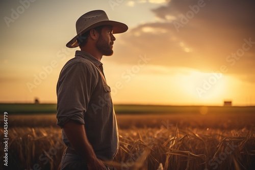 A rugged, resilient farmer stands firmly, his silhouette framed against the golden vastness of his ripe fields, a subtle, proud smile playing on his lips as the sun sets behind him, casting a warm, go