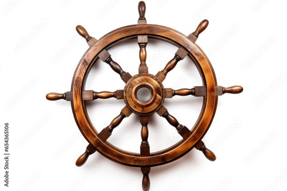 Antique wooden ship wheel White background