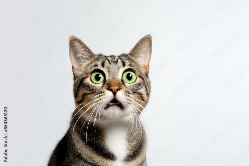 Anxious cute cat portrait on white background expresses emotions for advertisement
