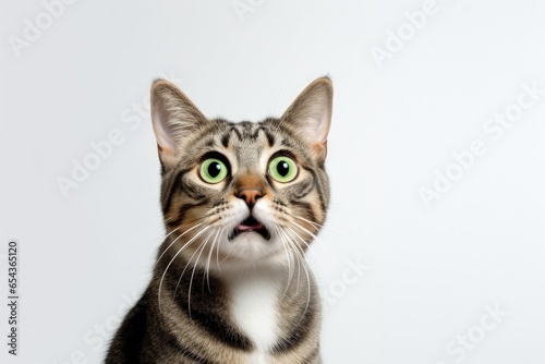 Anxious cute cat portrait on white background expresses emotions for advertisement