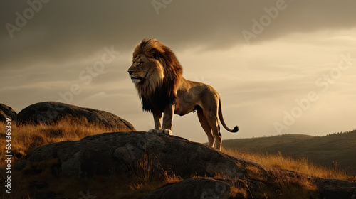 A Majestic Lion Stands Tall on Rocky Terrain
