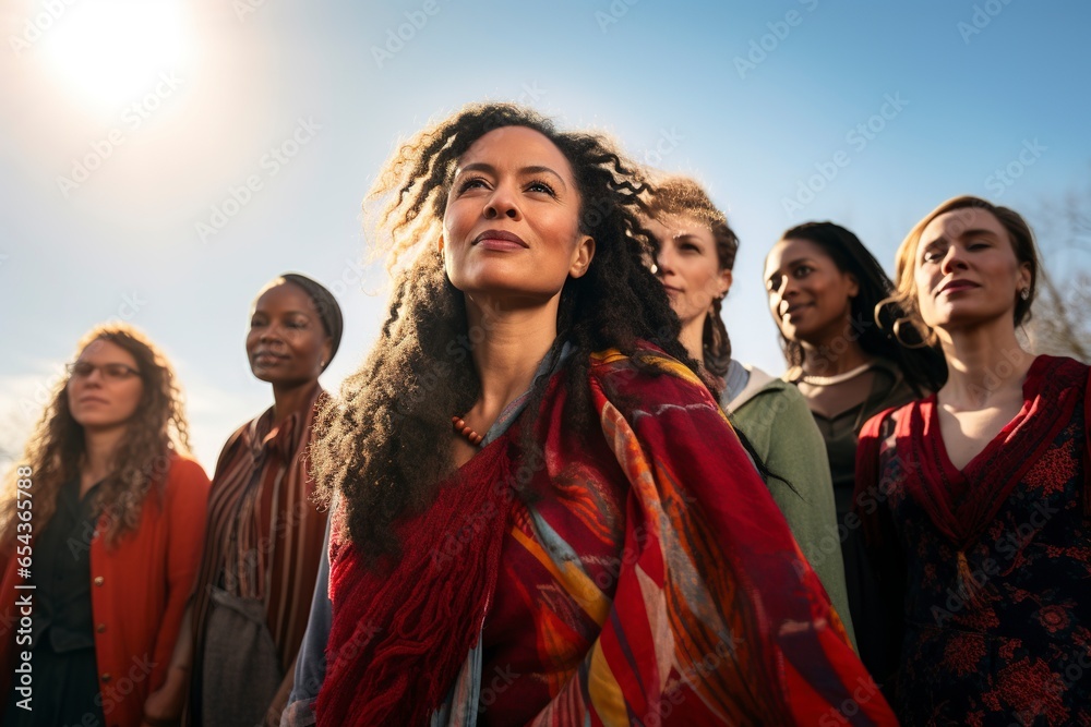 A vibrant and empowering image of a diverse group of women of varying ethnicities, standing together in solidarity against a backdrop of a sunlit, open natural setting A vibrant and empowering image of a diverse group of women of varying ethnicities, standing together in solidarity against a backdrop of a sunlit, open natural setting