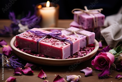 Artisan soap with bath and spa extras Lavender and rose petals dried photo