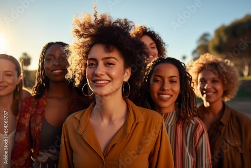A vibrant and empowering image of a diverse group of women of varying ethnicities, standing together in solidarity against a backdrop of a sunlit, open natural setting