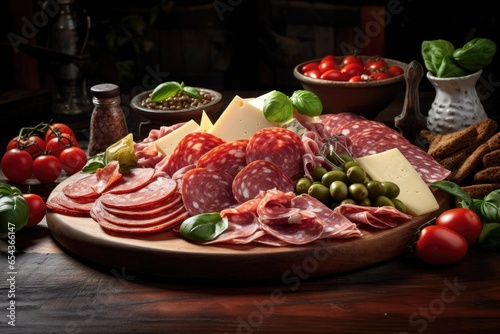 Assorted Italian salami speck sausages parmesan green olives basil and fresh tomatoes on a wooden table