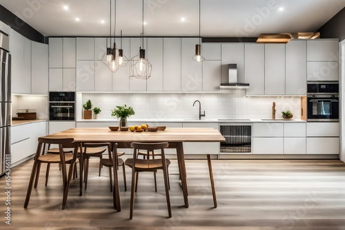 Modern kitchen with appliances and a dining table with pendant lighting on a hardwood floor. applied a subtle vintage effect