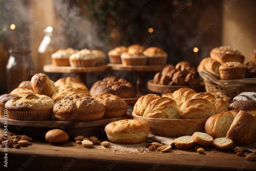 Freshly Baked Assorted Bakery Goods with Rising Smoke in High Resolution
