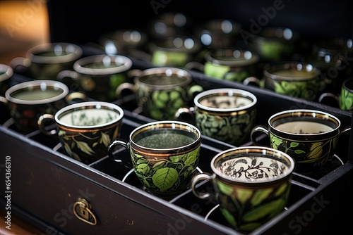 Assorted tea cups in boxes black and green herbal