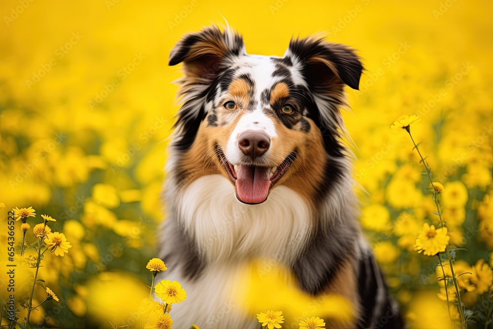 Australian shepherd amongst yellow flowers