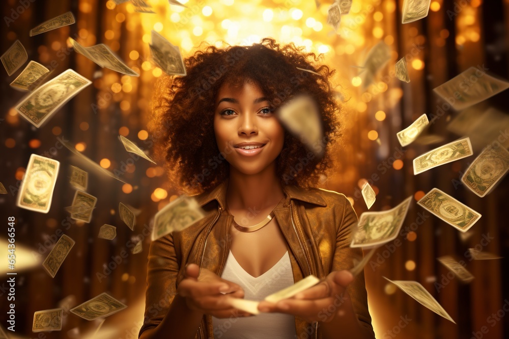 An Afro-American woman stands under a cascade of gleaming coins and bills, their face illuminated by the golden glow, representing luck, prosperity, and unexpected gains