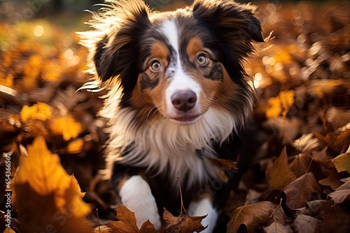 Australian shepherd pup playing with fall foliage
