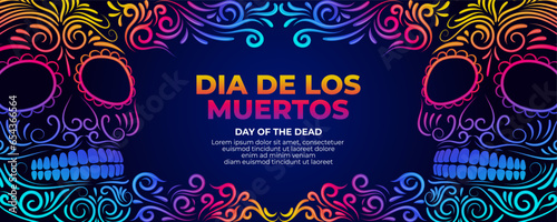 Day of the dead banner with colorful Sugar skull and Mexican flowers border