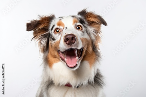 Australian shepherd sitting and smiling directly at the camera on a white background