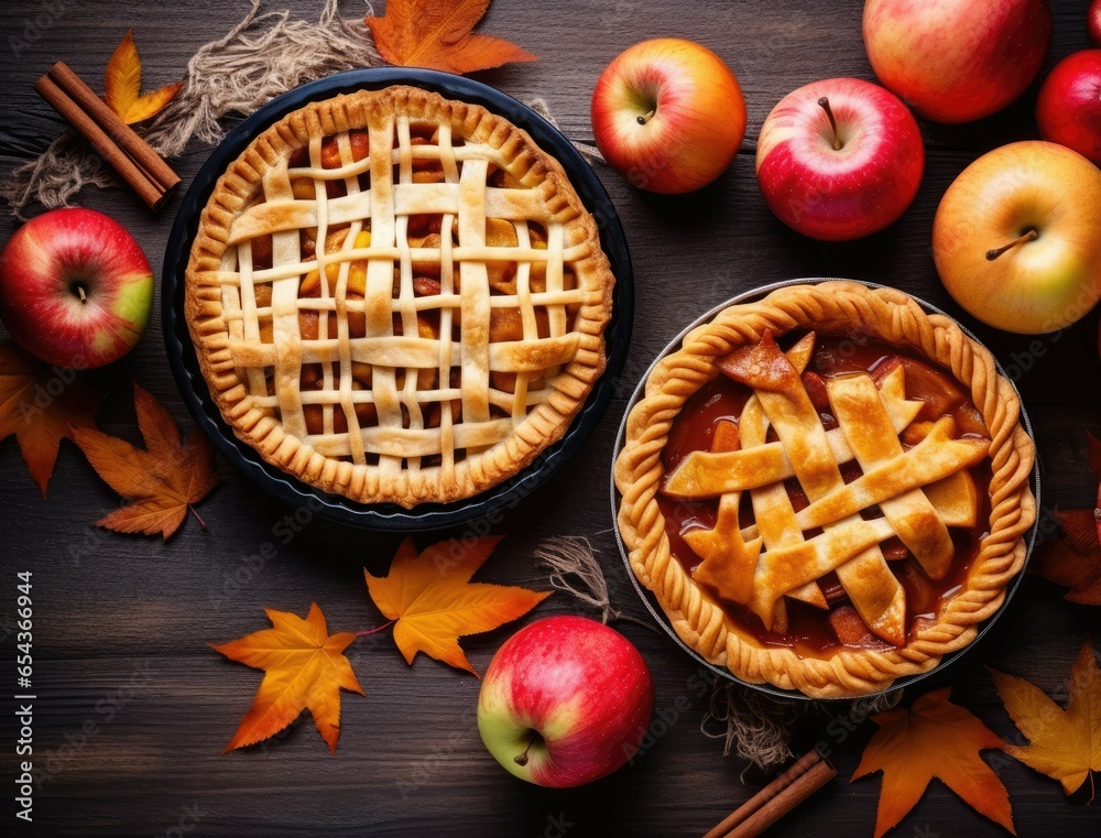Autumn holiday s homemade pumpkin and apple pies from top view Autumn holiday s homemade pumpkin and apple pies from top view