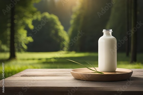 Mockup of a cream bottle with natural ingredients against a background of the forest in a natural setting