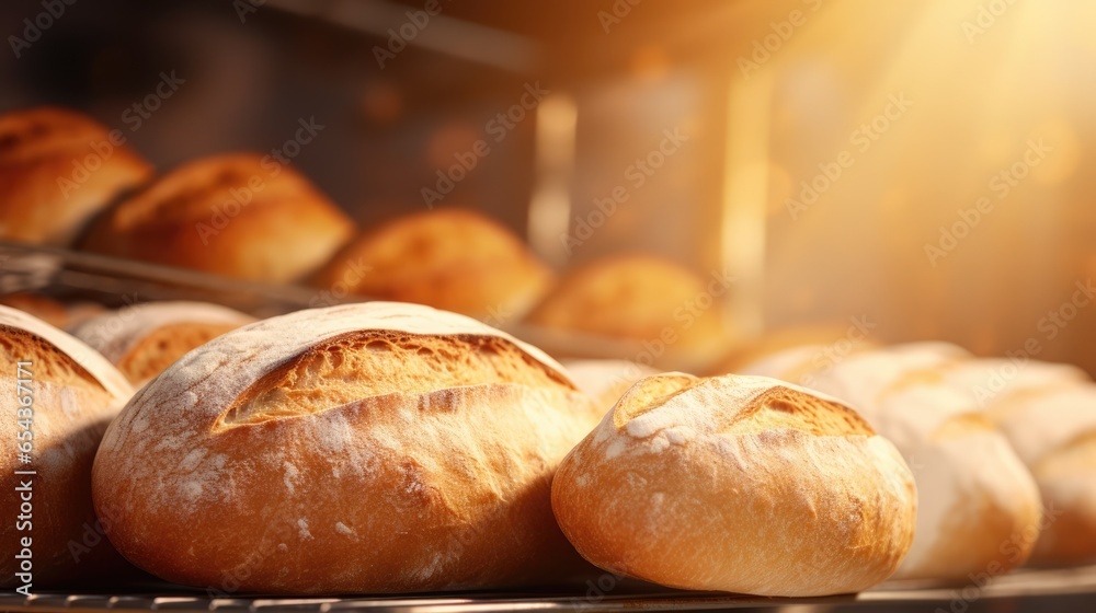 Close up of freshly baked sourdough bread. Bakery shop background with tasty bread on bakery shelves.