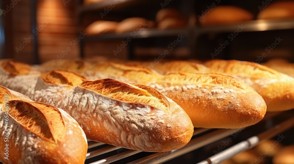 Close up of freshly baked French baguette. Bakery shop background with tasty bread on bakery shelves