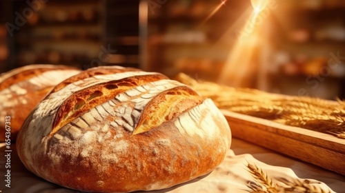 Close up of freshly baked sourdough bread. Bakery shop background with tasty bread on bakery shelves.