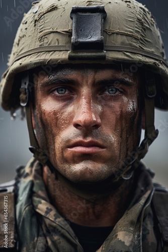 Close-up portrait of a focused and brave American male soldier in uniform, intently looking into the camera with an expression of determination and pride, against a neutral background