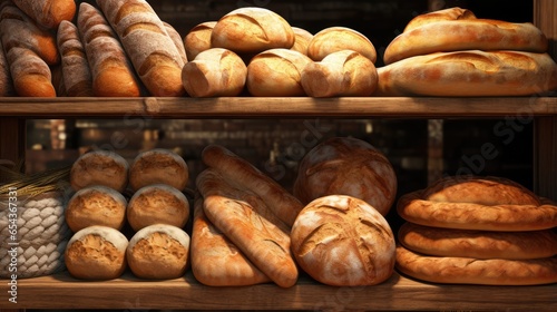 Close up of freshly baked sourdough bread. Bakery shop background with tasty bread on bakery shelves.