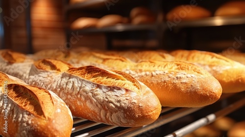 Close up of freshly baked French baguette. Bakery shop background with tasty bread on bakery shelves