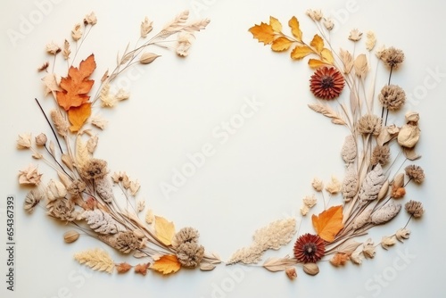 Autumn themed flat lay with dried flowers and leaves Top view frame like composition